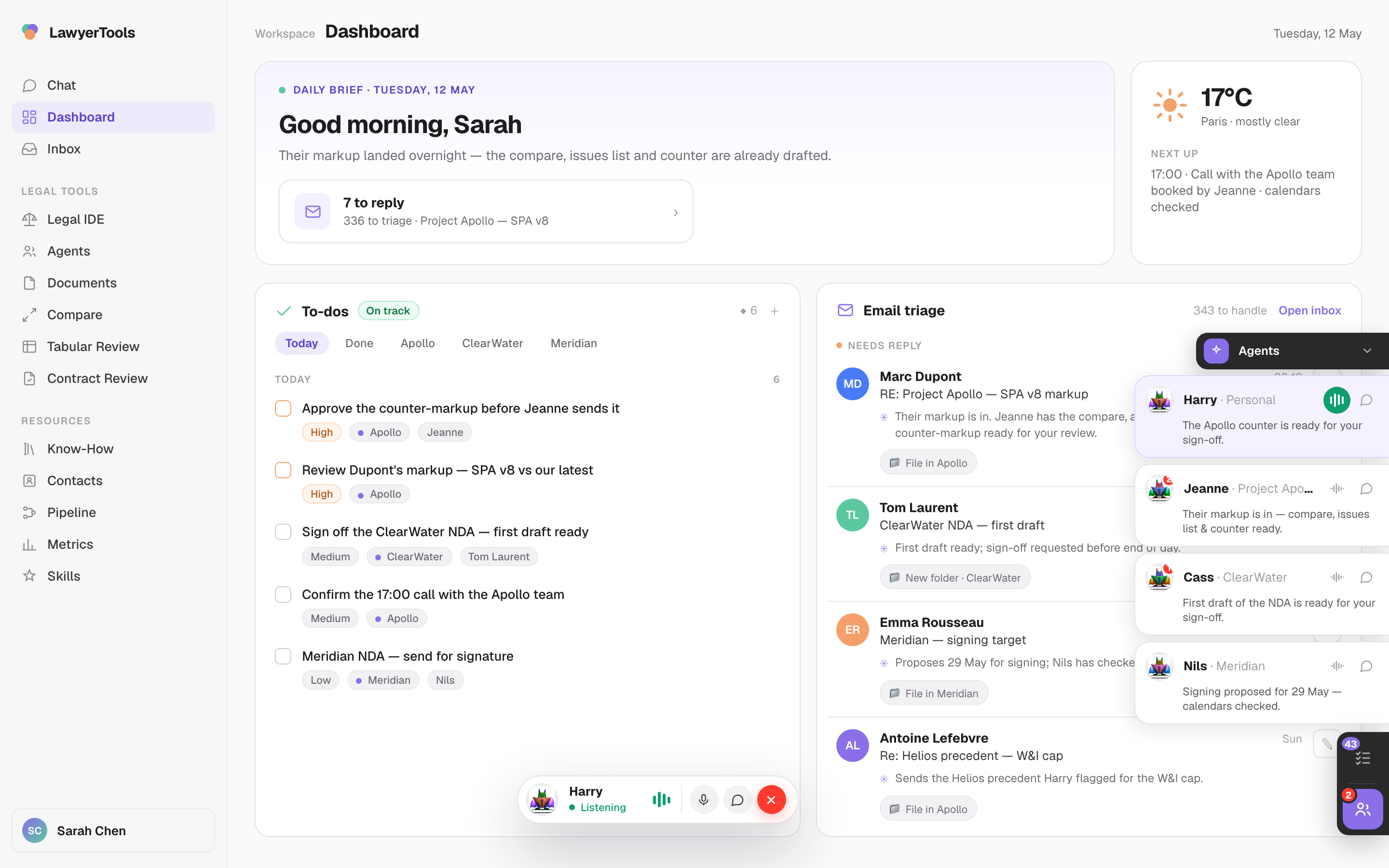The LawyerTools workspace — the morning-brief dashboard, with the agent roster open on the right.